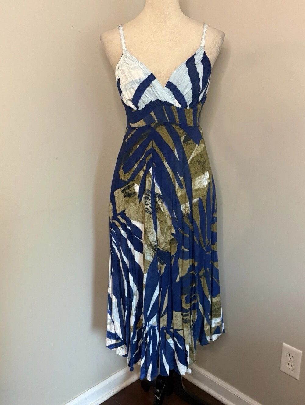 Blue & Olive Print V-Neck Slip Dress